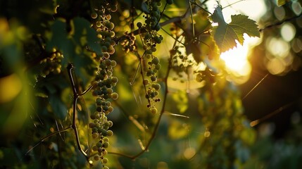 Close view of hanging vine grapes, backlit by sunset, lush greenery soft blur 