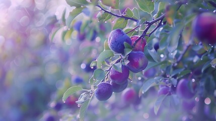 Plum trees, rich purple plums in focus, soft morning mist, shallow depth of field 