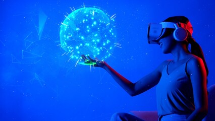 Woman using VR headset changing on world circle shape signal point station network international world map. Futuristic technology global connectivity design hologram 3D digital graphic. Hallucination.