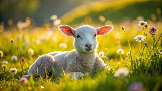 Serenene lamb rests in vibrant green meadow surrounded by scattered wildflowers, basking in warm spring sunshine with ample negative space on left.