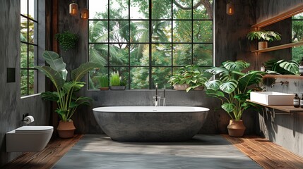 Modern black and white bathroom with an oval bathtub, toilet, sink, and window. Simplicity and elegance in a minimalist design.