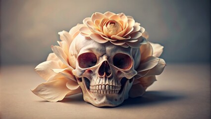 Isolated human skull surrounded by a delicate paper flower, symbolizing fragility, beauty, and the impermanence of life, set against a soft, gradient background.