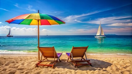 Sandy shore with two colorful beach umbrellas and four wooden loungers, overlooking a serene blue sea with a distant sailboat, exuding tranquility and relaxation.