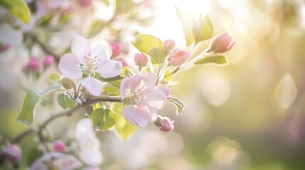 Close-up of apple blossoms on branch, soft morning light, blurred orchard background 