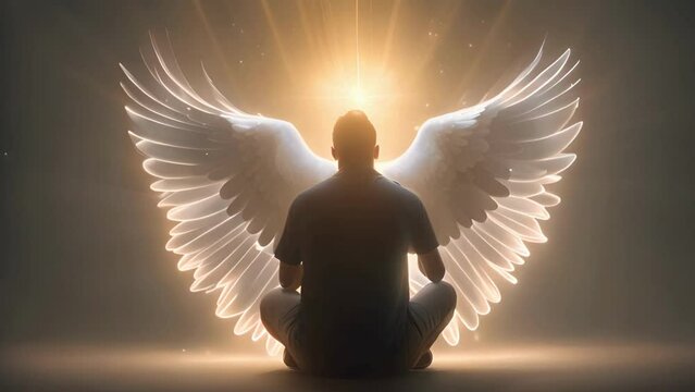 Pentecost concept art. Glowing white dove of the holy spirit descending upon a African American man. Man on his knees receiving the holy ghost symbolized by a white glowing dove of fire