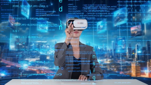 IT developer typing computer code for analyzing intelligent website development coder system data selection by VR innovation interface digital network technology visual hologram server. Contraption.