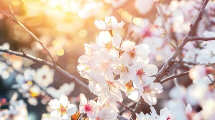 Almond tree in bloom, close-up on white blossoms, vibrant spring colors, soft bokeh 