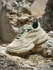 A product photo of an athletic sneaker with thick sole and laces, resting on top of concrete. The shoe is beige in color with green accents It's placed against a textured background Generative AI