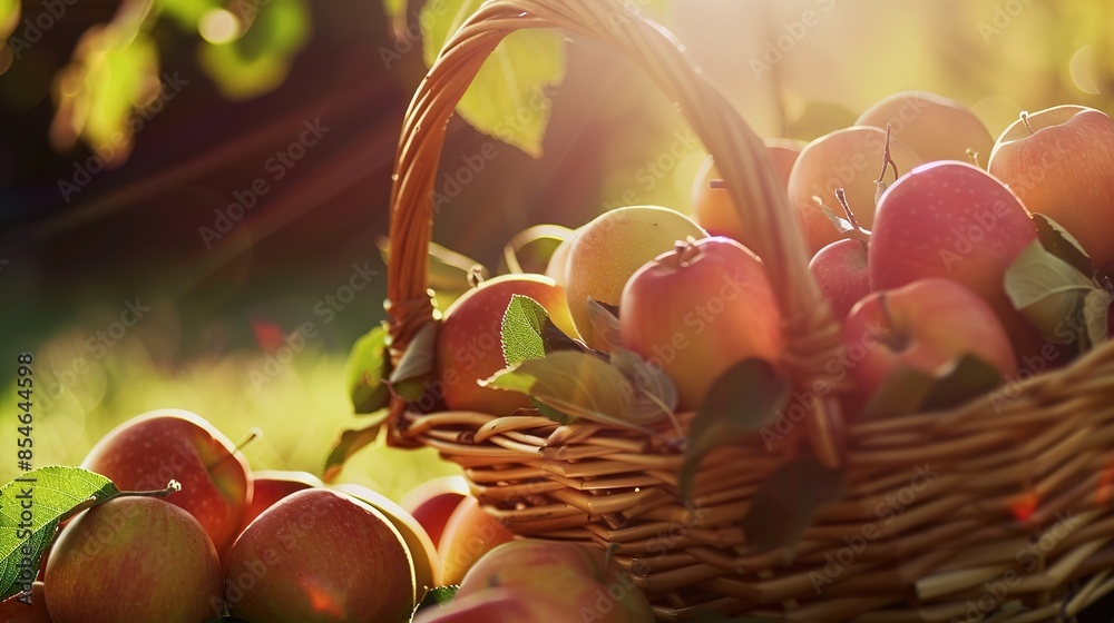 Poster Apple picking scene, close-up on basket of glossy apples, sunlit, soft orchard backdrop 