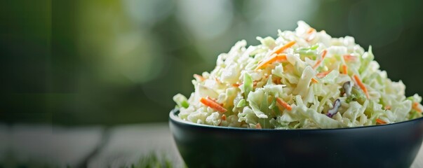 A fresh and delicious bowl of coleslaw with shredded cabbage and carrots, perfect for a healthy side dish or picnic meal.