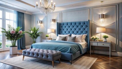 Serenene interior showcases blue upholstered bed, matching bedside tables, large wall mirror, soft lighting, and single vase of fresh flowers amidst calming ambiance.
