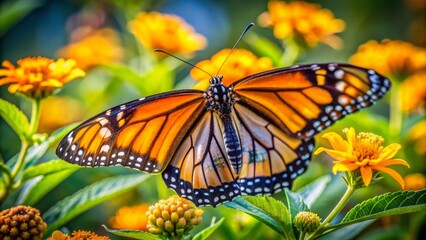 A delicate, orange-brown monarch butterfly with white spots perches on a vibrant, yellow-petaled flower amidst lush, verdant foliage on a warm summer day.