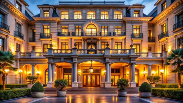 Luminous hotel facade aglow at dusk, majestic entrance beckons, grandiose architecture, warm lighting, serene ambiance, inviting atmosphere, luxury accommodations, sophisticated getaway.