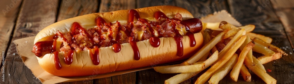 Wall mural Tempting Hotdog and Crispy Fries Combo - Appetizing Fast Food Marketing Visual