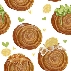 Seamless pattern of croissant supreme or timber ring in watercolor painting. The artwork is created for printing and wallpaper.