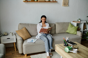 Obraz premium Woman in casual attire sitting on a couch immersed in reading a book.