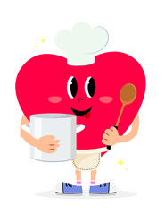 Emoji heart chef. A red heart in sneakers with a pot and a ladle.