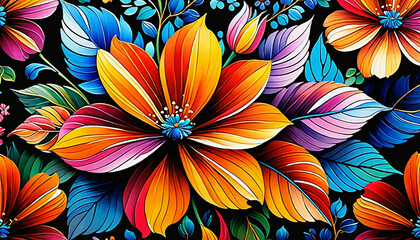 Background design with illustrations of colorful flowers.