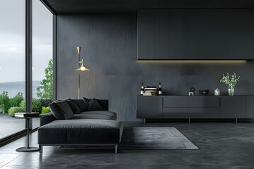 Dark home living room interior with couch and sideboard, panoramic window Generative AI