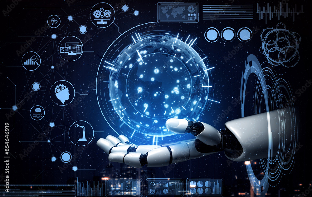 Poster mlp artificial intelligence ai research of robot and cyborg development for future of people living.