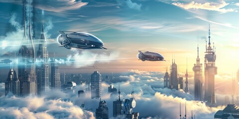 Imagining a futuristic city where flying cars navigate above towering skyscrapers, engulfed in clouds, demonstrating cutting-edge technology
