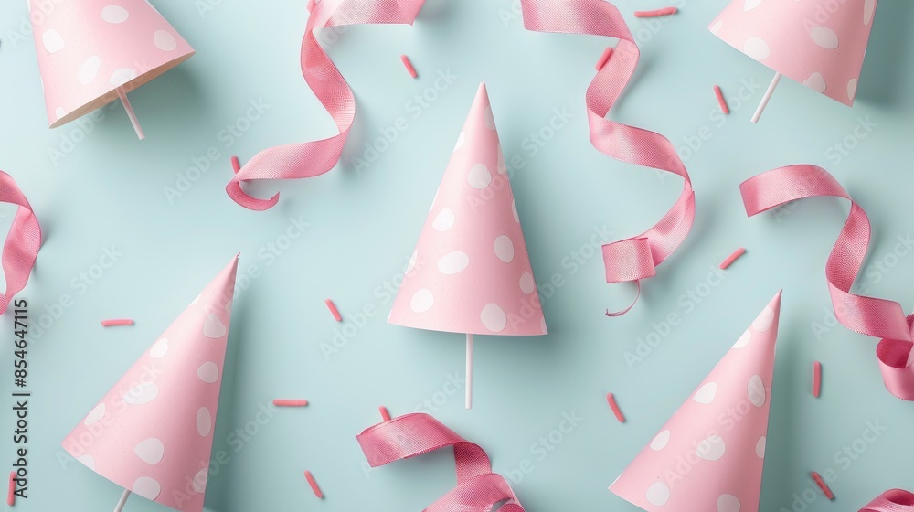 Poster Pink party hats and curly ribbons on a pale blue backdrop