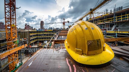 Photograph of a yellow hard hat on a construction site.