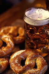 A warm gathering scene with a mug of beer and pretzels on a table, perfect for casual social events or pub nights