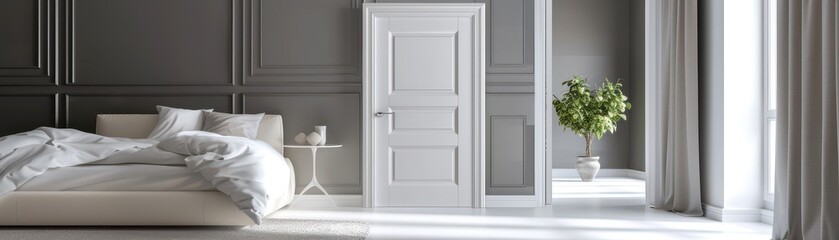 Fototapeta premium The white door opening to modern bedroom interior 