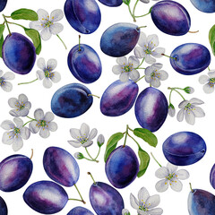 Seamless pattern of plums and plum blossom, isolated on white background, watercolor illustration, for card, invitation, design, backgrounds, cosmetics, wrapping paper, scrapbooking