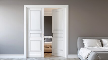 The white door opening to modern bedroom interior 