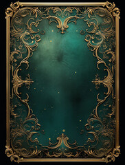 A beautiful ornate blank emerald green book cover with golden filigree borders in the style of fantasy