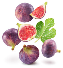 Fig fruits with fig leaves and fig pieces isolated on white background.