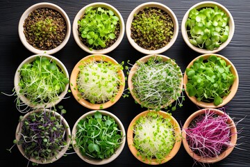 Sprouts in white bowls, view from above. Sprouting microgreens, shoots of alfalfa, Chinese cabbage, garlic, kale, lentils and radish in potting compost