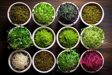 Sprouts in white bowls, view from above. Sprouting microgreens, shoots of alfalfa, Chinese cabbage, garlic, kale, lentils and radish in potting compost