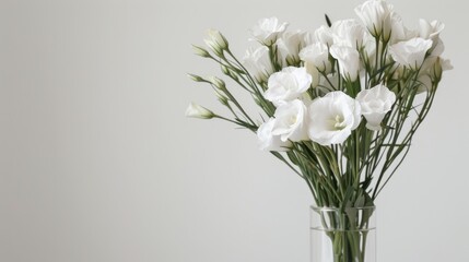 White Eustoma grandiflorum blooms in clear vase against white backdrop Abstract home decor
