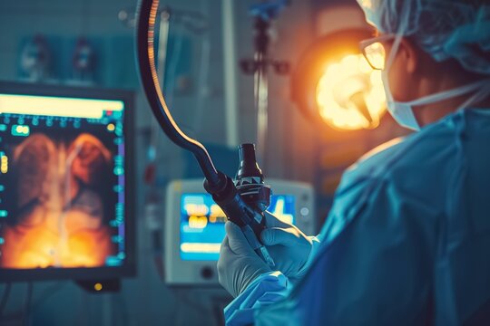 In the image, a medical professional is carrying out a gastroscopy using an endoscope and imaging tools to diagnose and treat a patients condition