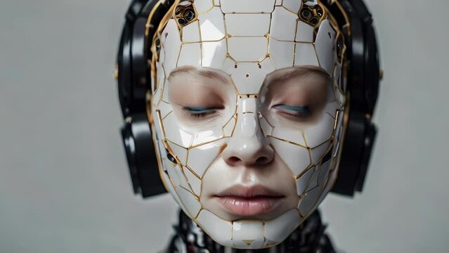 close-up portrait of a female android with a white, segmented faceplate and black headphones blinking slowly. Her expression is calm, and the background is plain