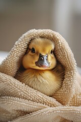Obraz premium Cozy duck wrapped in a warm blanket, perfect for winter scenes or baby animal themes