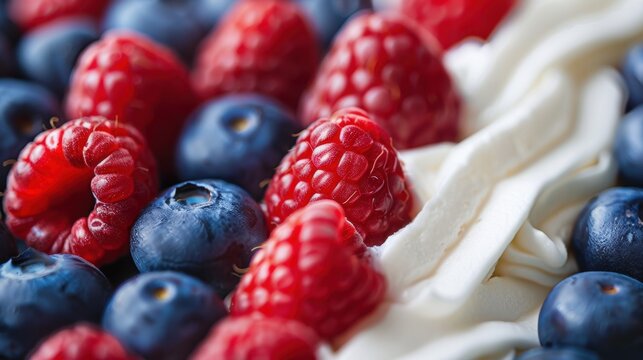 Close-up of fresh blueberries, raspberries, and whipped cream. A delicious and colorful dessert perfect for summer treats.