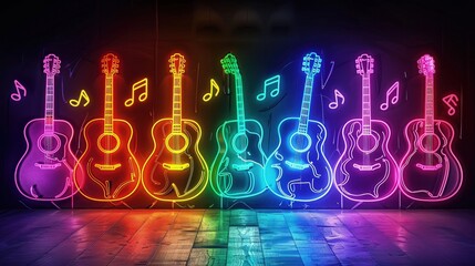 An artistic neon sign featuring a series of guitars in a spectrum of rainbow colors, with notes in contrasting neon colors, against a plain black wall for maximum impact.