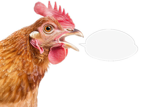 A close-up of a brown chicken with an open beak and a blank speech bubble isolated on a white background.