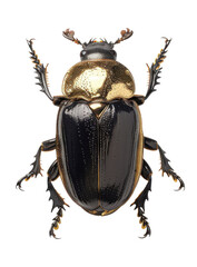 A close-up of a shiny golden beetle with black wings, isolated on a white background. The beetle's antennae and legs are visible.