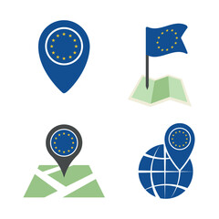 European Union map pointer icons set, symbols of EU flag