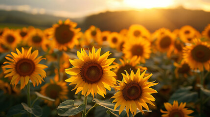 Obraz premium Realistic portrait photo macro shot, of spring botanical sunflower field with blurred sunrise sky background, wallpaper, wall art