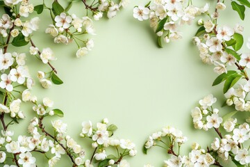 Fototapeta premium Elegant image of cherry blossom branches against a light blue background, symbolizing the beauty of spring. Perfect for nature, floral, and seasonal-themed projects. Flat Lay. Top View. Copy Space