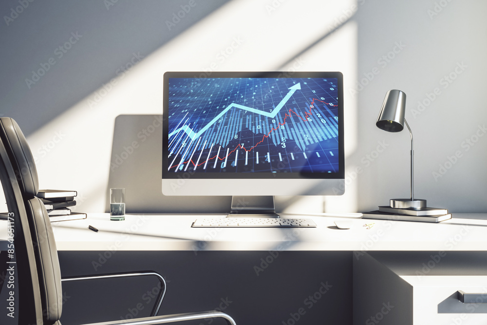 Poster Computer monitor with abstract creative financial graph and upward arrow, financial and trading concept. 3D Rendering