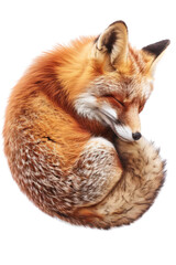 Obraz premium A red fox curled up in a ball, sleeping peacefully. Its fur is a warm orange and brown, and its tail is tucked in close. The fox's eyes are closed isolated on a white background.