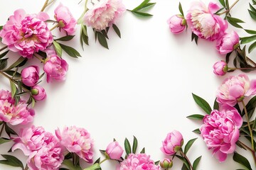Beautiful arrangement of pink peonies on a white background, showcasing floral elegance and simplicity. Perfect for floral, nature, and decoration-themed projects.
 Flat Lay. Top View. Copy Space