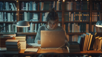 Focused young woman studying in a cozy, warmly-lit library surrounded by bookshelves, using a laptop and taking notes with concentration